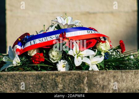 Reims France November 11, 2020 Closeup of wreath of flowers at the Armistice commemoration ceremony during the coronavirus epidemic and the lockdown t