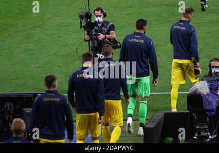 KYIV, UKRAINE - OCTOBER 10, 2020: Ukrainian players go to the pitch before the UEFA Nations League game Ukraine v Germany at NSK Olimpiyskiy stadium in Kyiv, Ukraine Stock Photo