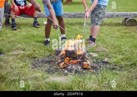 roasting marshmallows over open camp fire Stock Photo