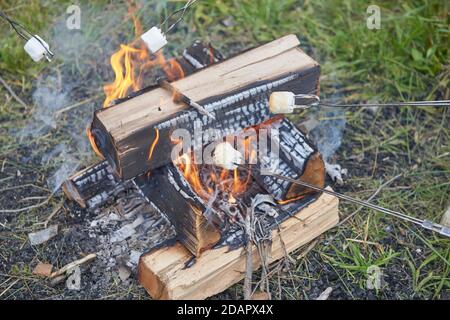 roasting marshmallows over open camp fire Stock Photo