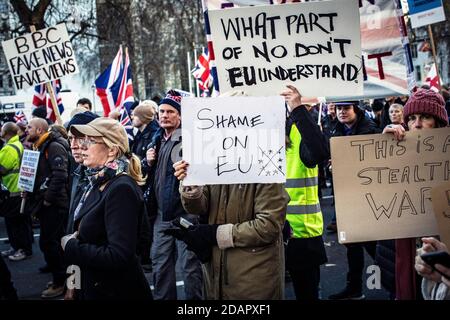 Great Britain / England /London / Brexit supporter takes part in a rally at Parliament square in London. Stock Photo