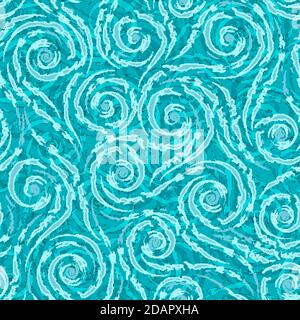 Turquoise smooth lines and spirals with torn edges vector seamless pattern on a Turquoise background. Abstract wind or waves texture. Stock Vector