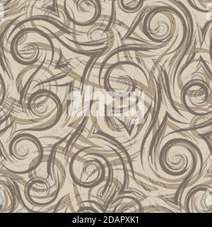 Brown smooth lines corners and spirals on a beige background vector seamless pattern.Abstract geometric texture wave water splashes in pastel colors. Stock Vector