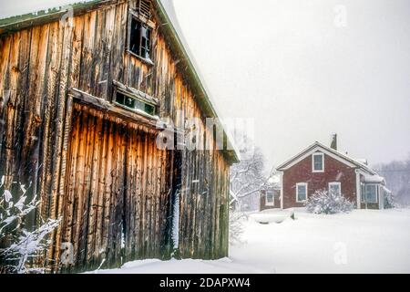 An old barn and a red farmhouse in Phillipston, Massachusetts Stock Photo