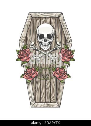 Skull with Bones and Roses on the Coffin Lid Colorful Tattoo isolated on white. Vector illustartion. Stock Vector