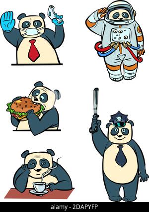 Panda different characters taikonaut police doctor businessman collection set character, cute animal Stock Vector