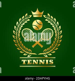 Tennis design template with Laurel Rackets and Ball isolated on green. Vector illustration. Stock Vector