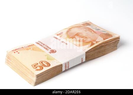 Stack of one hundred pieces fifty turkish lira bills isolated on white Stock Photo