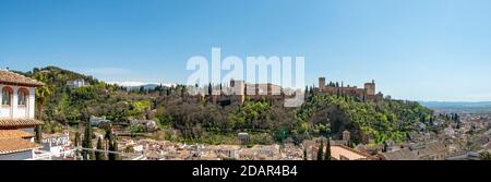 Alhambra on the Sabikah hill, Moorish city castle, Nasrid palaces, Palace of Charles the Fifth, Panorama, Granada, Andalusia, Spain Stock Photo