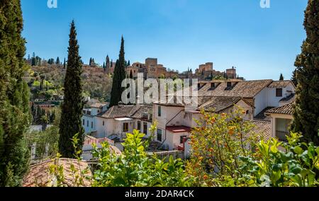 Alhambra on the Sabikah hill, Moorish city castle, Nasrid palaces, Palace of Charles the Fifth, Granada, Andalusia, Spain Stock Photo