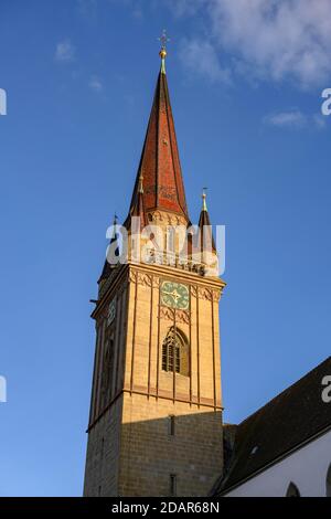 The bell tower of the Cathedral of Our Lady, Radolfzell, District of Constance, Baden-Wuerttemberg, Germany Stock Photo