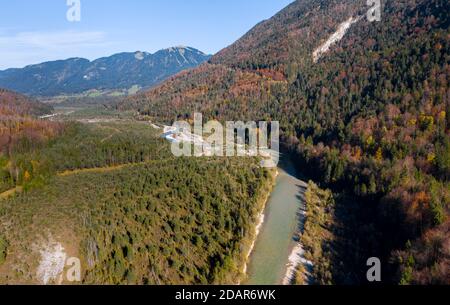 Aerial view, natural riverbed of the upper Isar in front of the Sylvenstein reservoir, wild river landscape Isartal, Bavaria, Germany Stock Photo