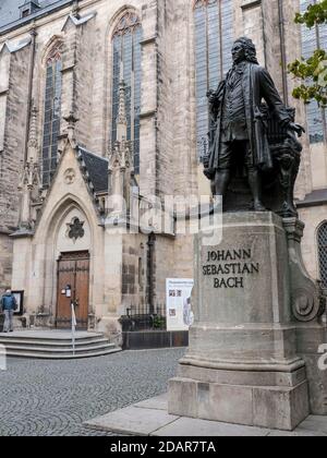 Bach Monument in front of the Thomaskirche, Leipzig, Saxony, Germany Stock Photo
