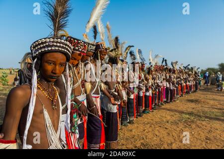 Wodaabe-Bororo men with faces painted at the annual Gerewol festival, courtship ritual competition among the Woodaabe Fula people, Niger Stock Photo