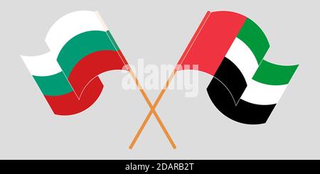 Crossed and waving flags of Bulgaria and the United Arab Emirates. Vector illustration Stock Vector