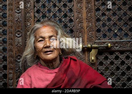 Portrait of an older woman, Patan, Lalitpur, Kathmandu, Nepal Stock Photo