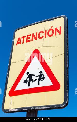 Road sign warning 'School kids' La Gomera, Canary Islands, Spain, Atlantic Ocean, Europe Stock Photo
