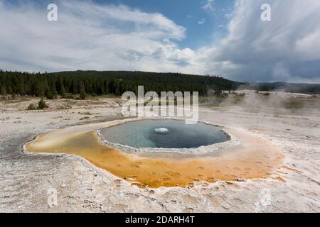 View of Crested Pool hot spring along the Upper Geyser Basin Trail in Yellowstone National Park, Wyoming on Monday, August 3, 2020. The park recently Stock Photo