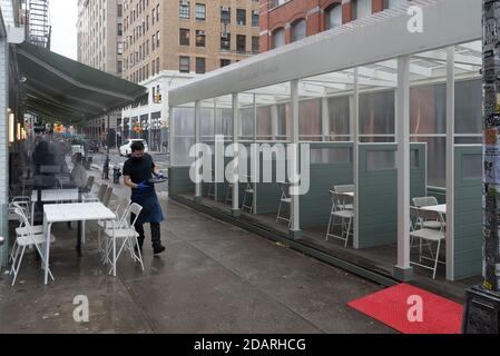 Manhattan, New York. November 13, 2020. Restaurant outdoor dining area in Soho. Stock Photo