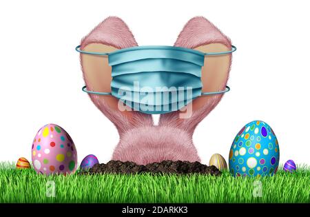 Easter face mask and spring season health as a seasonal sign with a bunny rabbit and decorated egg wearing a medical face mask. Stock Photo