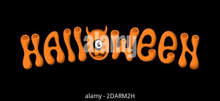 Halloween lettering with monster on black background. Stock Vector
