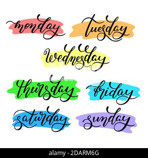 Handwritten days of the week monday, tuesday, wednesday, thursday, friday,  saturday, sunday.Calligraph Lettering typography. Stock Vector