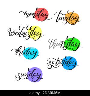 Lettering days of the week - Monday, Tuesday, Wednesday, Thursday, Friday, Saturday, Sunday. Handwritten words for calendar, weekly plan organizer Stock Vector