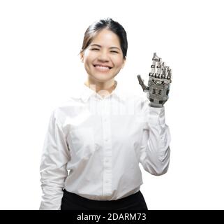 Asian woman with metal prosthetic hand isolated on white Stock Photo