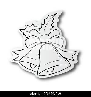 black line hand drawn of Christmas bells with bow, tinsel and Holly berries on cut paper with shadow isolated on white background Stock Vector