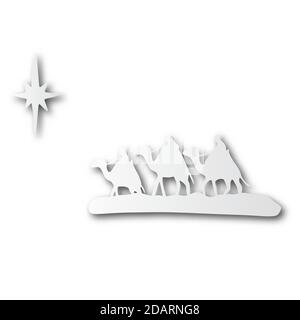 Three wise men on camels and star in shape of cut paper with shadow isolated on white background Stock Vector