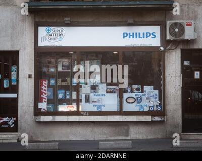 BELGRADE, SERBIA - AUGUST 10, 2019: Philips logo in front of their local retailer for belgrade. Philips is a Dutch conglomerate specilized in technolo Stock Photo