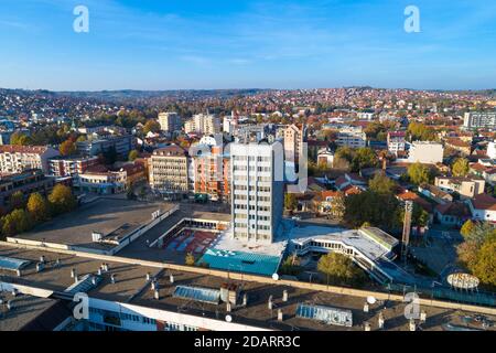 City hall in Valjevo - panorama of city in Serbia. Aerial drone view administrative center of the Kolubara District in Western Serbia Stock Photo