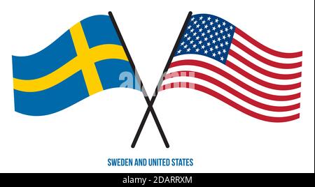 Sweden and United States Flags Crossed And Waving Flat Style. Official Proportion. Correct Colors. Stock Vector