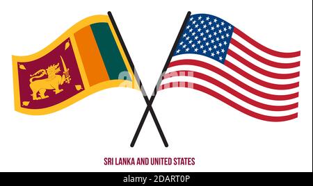 Sri Lanka and United States Flags Crossed And Waving Flat Style. Official Proportion. Correct Colors. Stock Vector