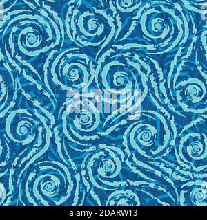 Blue smooth lines and spirals with torn edges vector seamless pattern on a blue background.Abstract texture ripples on the water or waves. Stock Vector