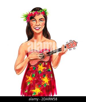 Hawaiian beauty singing and playing guitar. Ink and watercolor drawing Stock Photo