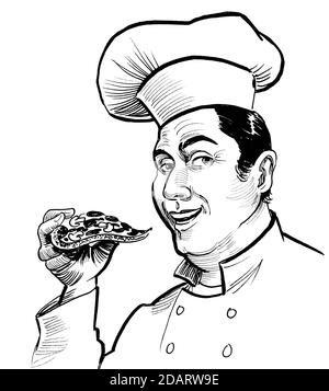 Man Eating Pizza. Ink Black And White Drawing Stock Photo - Alamy