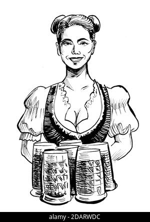 Pretty German Oktoberfest waitress with a beer mugs. Ink black and whit drawing Stock Photo
