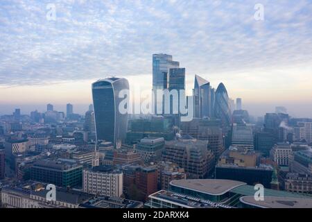 London city skyline, morning sunrise aerial panoramic view, United Kingdom Stock Photo