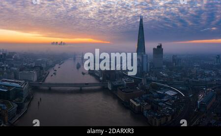 London city skyline, morning sunrise aerial panoramic view, United Kingdom Stock Photo