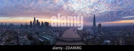 London city skyline, morning sunrise aerial panoramic view, United Kingdom Stock Photo