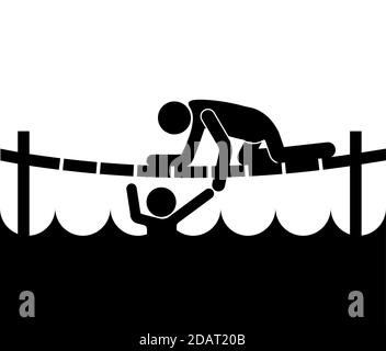 man rescues a drowning man in a river. He reaches out to pull it out of the water. Isolated vector on white background Stock Vector