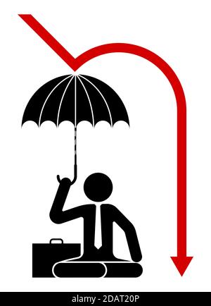 Icon, a man sits under an umbrella protected from falling prices. Protecting a business during a crisis. Isolated vector on white background Stock Vector