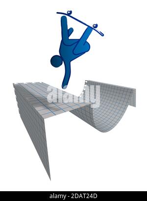man on a skateboard performs a ramp trick. Drawing in blue ink on a checkered sheet paper. Extreme skating on the board. Isolated vector on white back Stock Vector