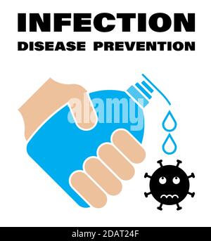 colored sign, hand holds a bottle, a tube of liquid soap. Drops drip onto the virus. Disinfection and prevention of infection by bacteria and viruses. Stock Vector
