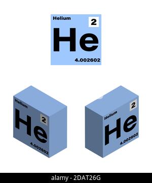 Helium, a chemical element in the periodic table. Flat icon and isometric image. Isolated vector on white background Stock Vector