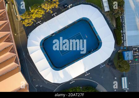 Aerial top down view of tennis court in Melbourne Park Stock Photo