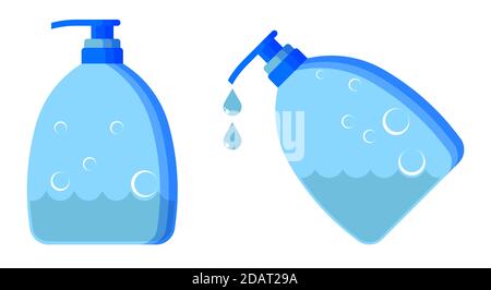 blue icon. Bottle, tube with liquid soap. Disinfection and prevention, prevention of infection by bacteria and viruses. Vector on a white background Stock Vector
