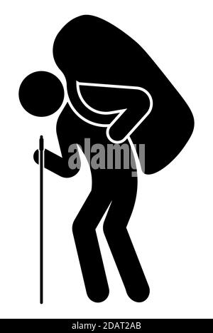 man carries a big bag, a backpack on his shoulder. Leans on a cane. Hiking, mountain climbing, travel. Isolated vector on white background Stock Vector