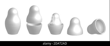Realistic template, mock up of Russian nesting doll matrioshka. Assembled and disassembled. Russian symbol. Isolated vector on white background Stock Vector